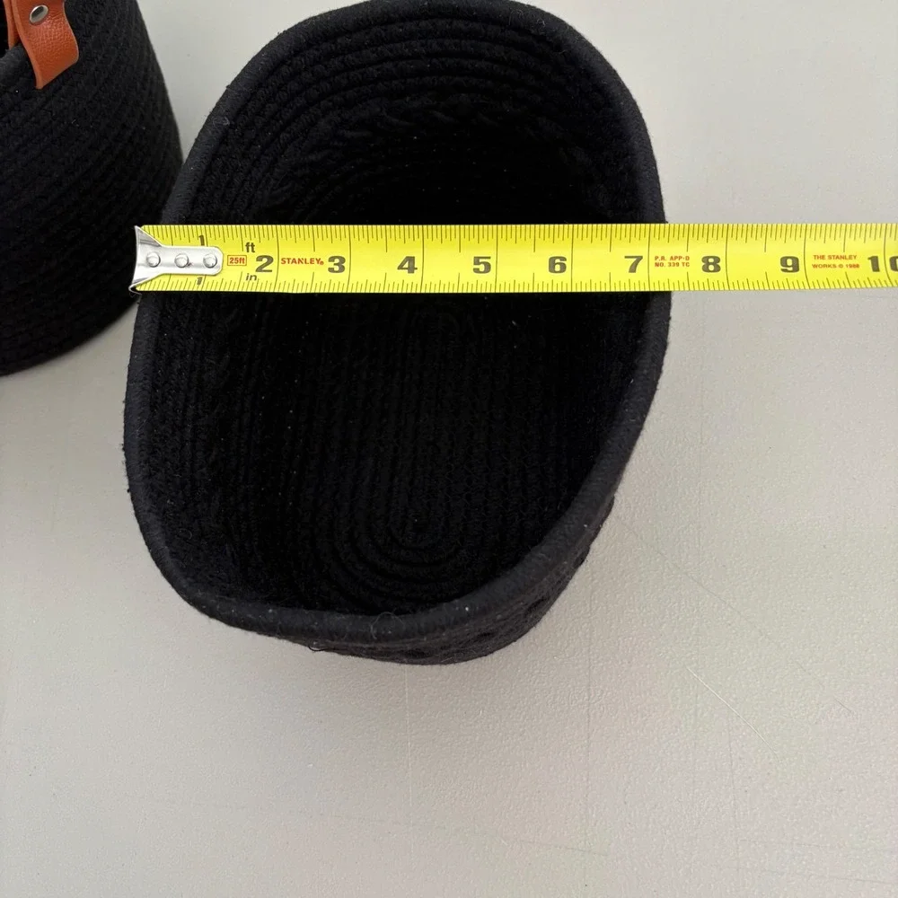 Set of 2 Black Woven Cotton Rope Baskets with Leather Handles Nested Storage